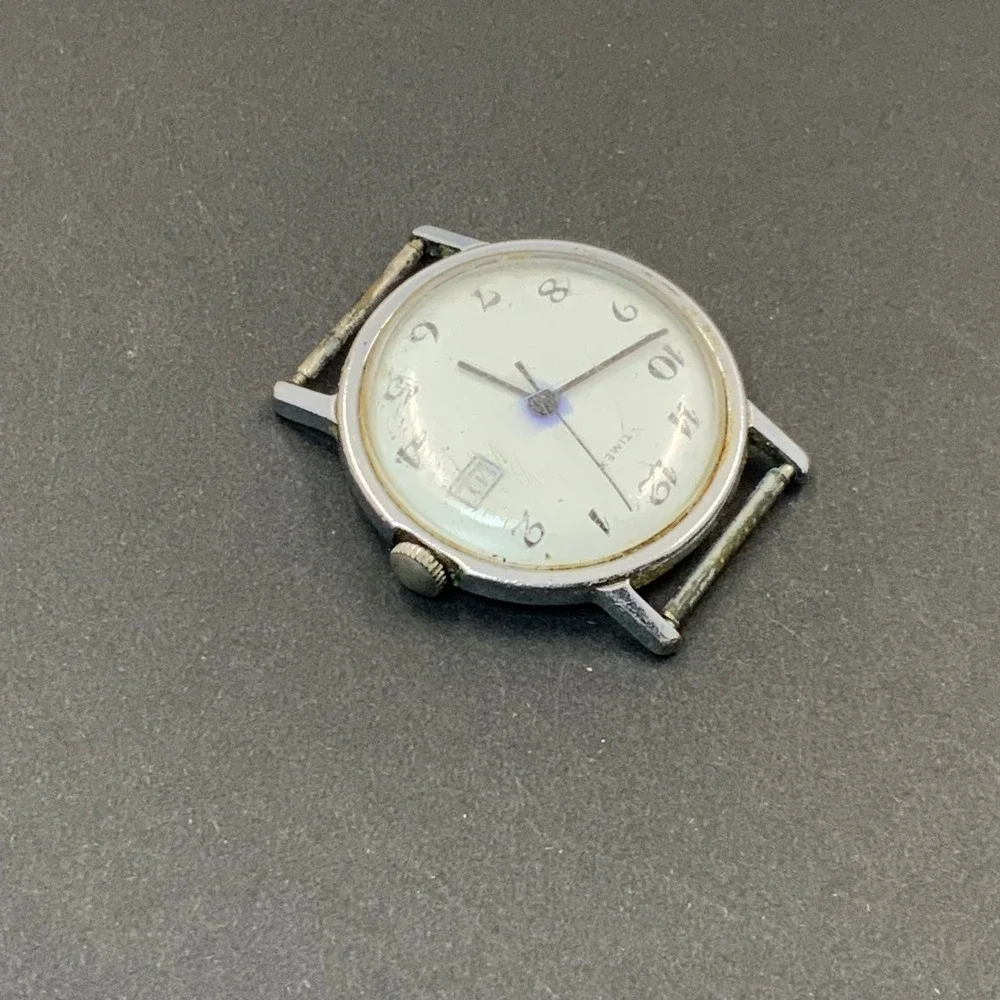 Vintage Timex Manual Wind Watch Date Dial Parts Repair Project Chrome Silver